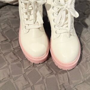 Women's White and Pink Lace-Up Boots